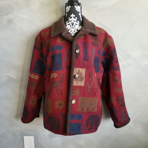 Pendleton Original Wool Blend Blanket Coat Sherpa Nature Design Size L VTG - Picture 1 of 13